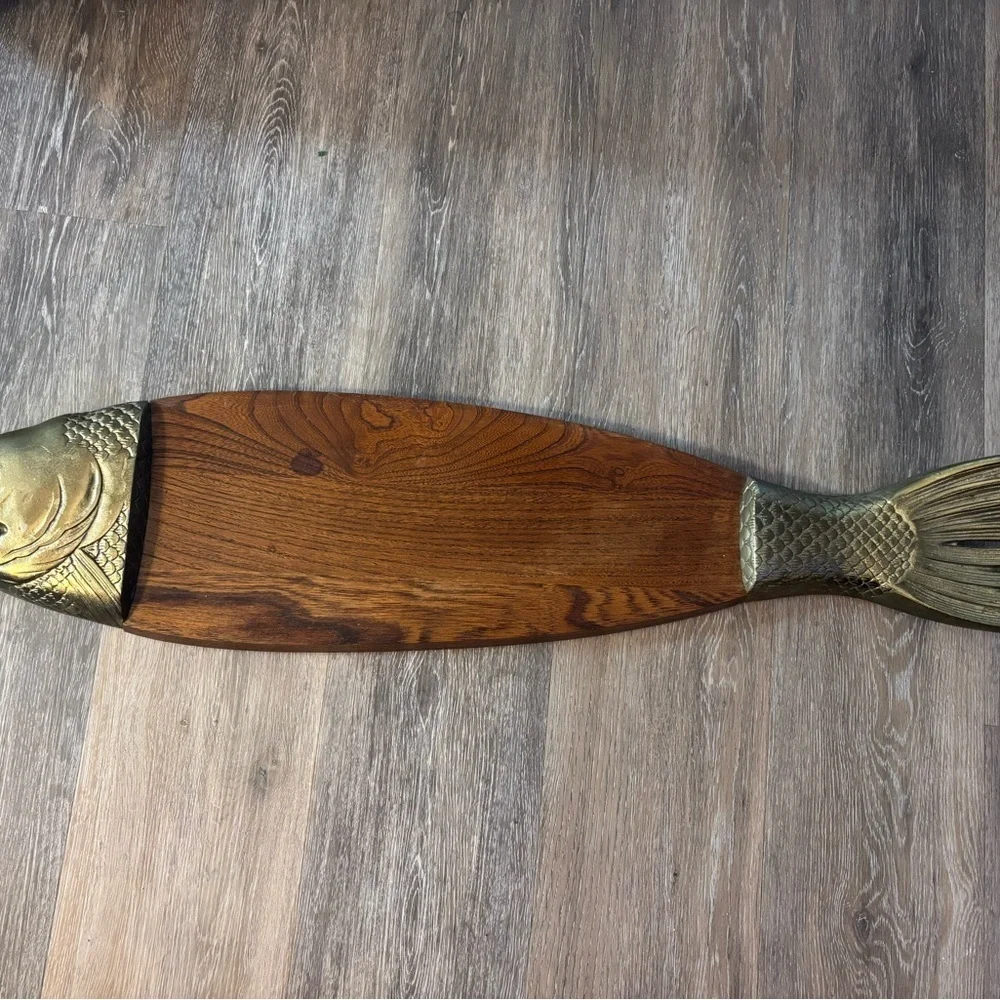 XL Wooden Salmom Fish-Shaped serving platter Cutting Board with Brass Accents